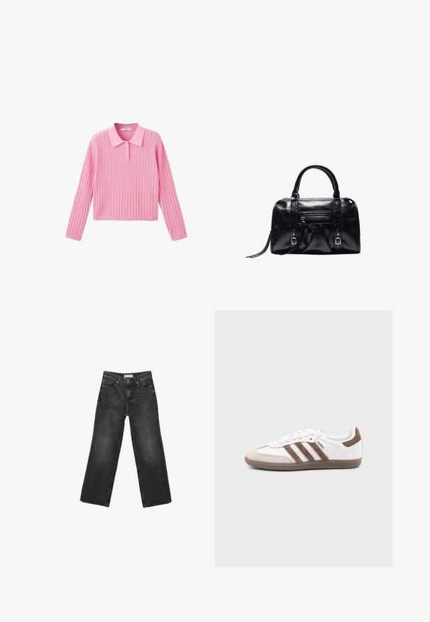 Pull en maille rose à manches longues et col, avec trois boutons au niveau du col et une taille courte.; Jean noir à jambes larges avec poches avant et arrière, fermeture par bouton et passants de ceinture, posé à plat sur fond blanc.; adidas Originals SAMBA - Baskets basses - white/earth strata/gum; Sac à main en cuir noir brillant avec deux poignées, poche zippée à l'avant, détails avec boucle et bandoulière pour poignet sur fond blanc.