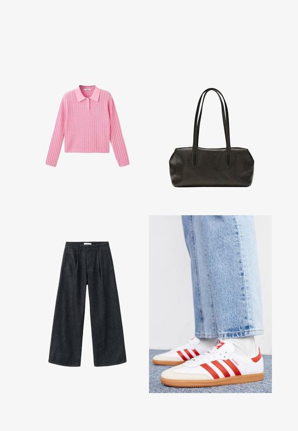 Roze geribbelde trui met lange mouwen en een kraaghalslijn, voorzien van drie knopen bij de kraag en een cropped zoom.; Donkerdenim wijduitlopende broeken met plooien, een hoge taille en een klassieke snit. Bevat een schone afwerking aan de zoom en minimale stikseldetails.; Witte leren sneakers met rode strepen en accenten. Voorzien van een getextureerde gumrubberen outsole en een gevoerde kraag. Draag ze met lichtblauwe denim.; Zwarte leren rechthoekige handtas met lange dubbele schouderbanden en een getextureerde afwerking, weergegeven tegen een effen witte achtergrond.