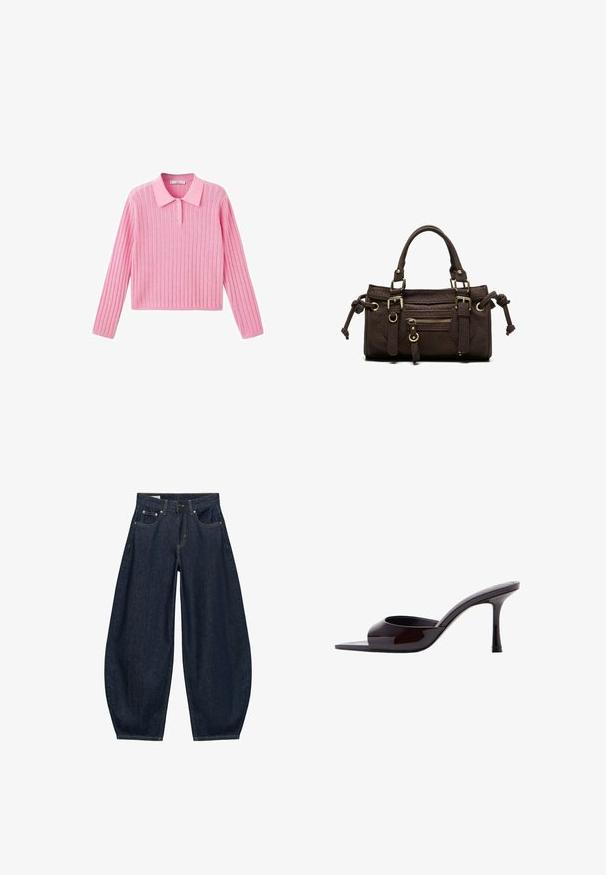 Roze geribbelde trui met lange mouwen en een kraaghalslijn, voorzien van drie knopen bij de kraag en een cropped zoom.; Donkerblauwe denim jeans met wijde pijpen, voorzakken, riemlussen en een knoopsluiting in de taille.; Zwarte lakleren mule met open teen, smalle midhoge stilettohak en lager uitgesneden bovenband.; Donkerbruine leren handtas met dubbele handvatten, voorvak met ritssluiting, decoratieve gespen en zijknopen op een witte achtergrond.