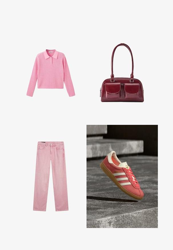 Roze geribbelde trui met lange mouwen en een kraaghalslijn, voorzien van drie knopen bij de kraag en een cropped zoom.; Lichtroze denim jeans met rechte pijpen, riemlussen, knoop- en ritssluiting en vijf zakken, plat neergelegd op een witte achtergrond.; Rode suède sneaker met witte strepen en een gumzool, zwevend boven betonnen trappen in een buitenomgeving.; Donkerrode lederen handtas met twee voorvakken met kleppen en lange schouderbanden, getoond op een witte achtergrond.