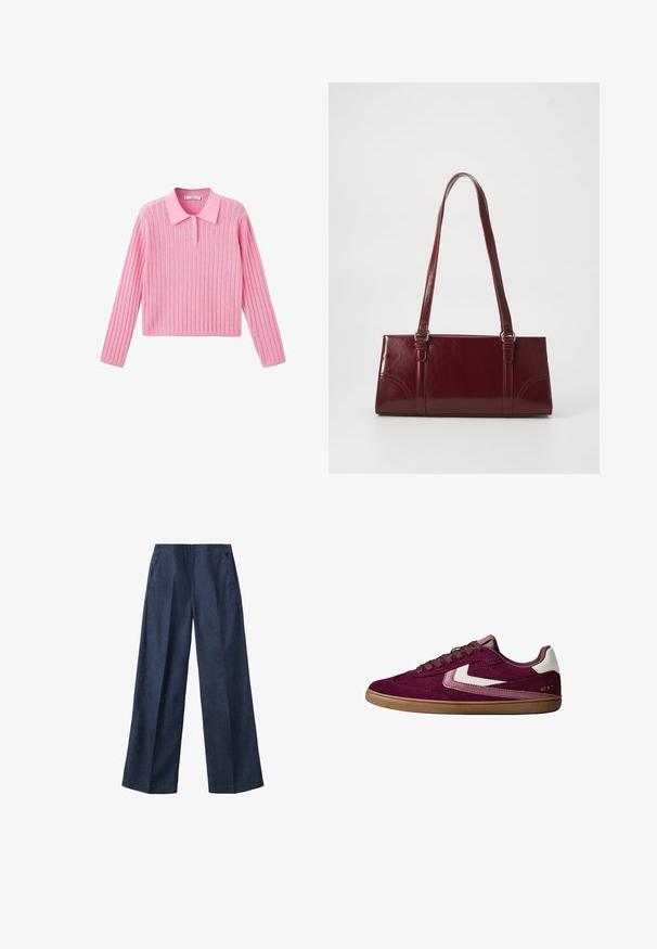 Roze geribbelde trui met lange mouwen en een kraaghalslijn, voorzien van drie knopen bij de kraag en een cropped zoom.; Donkerblauwe brede broek met voorplooi en zijzakken, gemaakt van denimachtig materiaal.; Lage casual sneaker in bordeauxsuède met witte en roze accenten, gumrubberen zool en vetersluiting, zijaanzicht op witte achtergrond.; Bourgondische handtas van glanzend materiaal, rechthoekige vorm, met twee schouderbanden en subtiele gebogen accenten aan de voorkant.