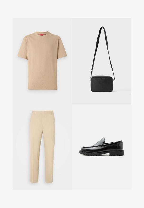 Beige Baumwoll-T-Shirt mit kurzen Ärmeln, Rundhalsausschnitt und dezentem "HUGO"-Logo in der Mitte. Angenehme Textur, legerer Schnitt.; Beige maßgeschneiderte Hosen mit geradem Bein, aus leichtem Stoff, mit zwei vorderen Taschen und ordentlich gebügelten Falten.; Schwarzer Lederloafer mit grober Gummisohle, genähter Oberseite und geprägtem Markennamen an der Ferse, seitlich auf weißem Hintergrund gezeigt.; Schwarze rechteckige Umhängetasche mit verstellbarem Riemen und BOSS-Logo auf der Vorderseite, vor einem einfarbigen hellen Hintergrund.