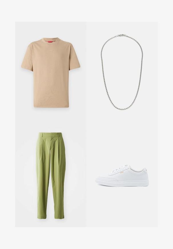 Beige Baumwoll-T-Shirt mit kurzen Ärmeln, Rundhalsausschnitt und dezentem "HUGO"-Logo in der Mitte. Angenehme Textur, legerer Schnitt.; Hellgrüne Hose aus einem strukturierten Stoff, mit geradem Schnitt, Falten an der Vorderseite und einem normalen Bund.; Weiße Leder-Sneaker mit glatter Textur, runder Zehenpartie und tonal abgestepptem Design. Mit blauen Schnürsenkeln und einem goldenen Logo an der Seite.; Silberne Kettenhalskette mit einem abwechselnden Glieddesign. Sie verfügt über flache, rechteckige Glieder und einen sicheren Verschluss, mit durchgehend glatter Oberfläche.