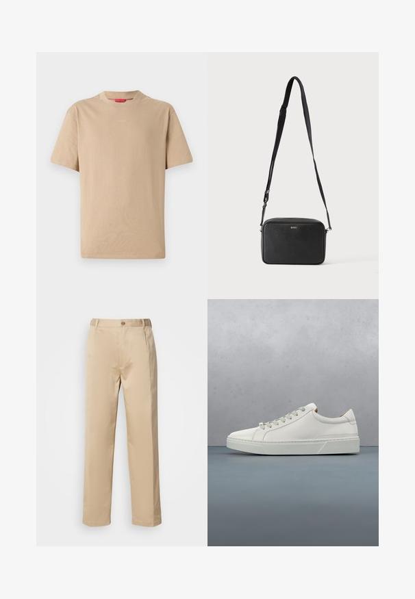 T-shirt en coton beige à manches courtes, col rond, avec un logo "HUGO" discret au centre. Texture lisse, coupe décontractée.; Pantalons beiges en tissu léger, avec une coupe droite, une taille avec passants de ceinture et une fermeture à bouton sur le devant.; Baskets en cuir blanc avec un bout arrondi, design minimaliste, lacets gris et semelle en caoutchouc gris texturé. Détails de couture subtils visibles.; Sac bandoulière rectangulaire noir avec sangle réglable et logo BOSS sur le devant, sur un fond clair uni.