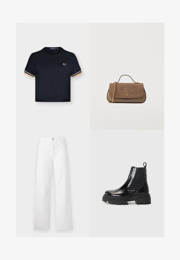T-shirt court noir avec col rond, bande beige et blanche sur les manches courtes, et petit logo laurier beige sur la poitrine gauche.; Jean blanc à jambes larges en denim de coton. Doté d'une fermeture à bouton et à zip, de poches avant classiques et d'un design épuré sans embellissements.; Bottines en cuir noir à la conception élégante, avec panneaux élastiques sur les côtés et une semelle épaisse noire. Dotées d'une tirette à l'arrière pour un enfilage facile.; Sac en cuir marron avec chaîne dorée et logo CK, doté d'une poignée supérieure et de bords arrondis sur un fond uni.