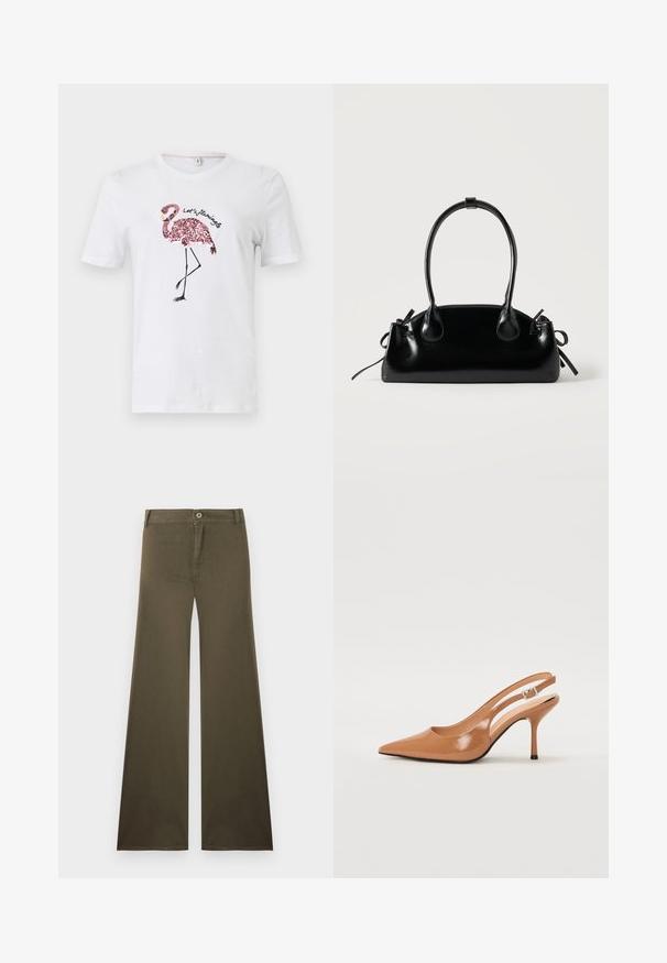 Λευκό κοντομάνικο μπλουζάκι με ροζ φτερωτό φλαμίνγκο από πούλιες και μαύρο κείμενο "Let's flamingo" στο μπροστινό μέρος.; Ελιάς πράσινο παντελόνι με φαρδιά πόδια και ψηλή μέση, κλείσιμο με κουμπί και φερμουάρ, εμπρόσθιες τσέπες και θηλιές για ζώνη.; Γωνιακά παπούτσια με ανοικτή φτέρνα και μυτερή μύτη σε λείο, γυαλιστερό τόνο καφέ. Διαθέτει καμπυλωτό σχέδιο με κοψίματα και λεπτό στιλέτο τακούνι. Λεπτομέρεια από ασημένιο κούμπωμα.; Μικρή μαύρη γυαλιστερή τσάντα με δύο μακριές λαβές και λεπτομέρειες με ρυθμιζόμενο κορδόνι στο πλάι σε απλό ανοιχτό φόντο.