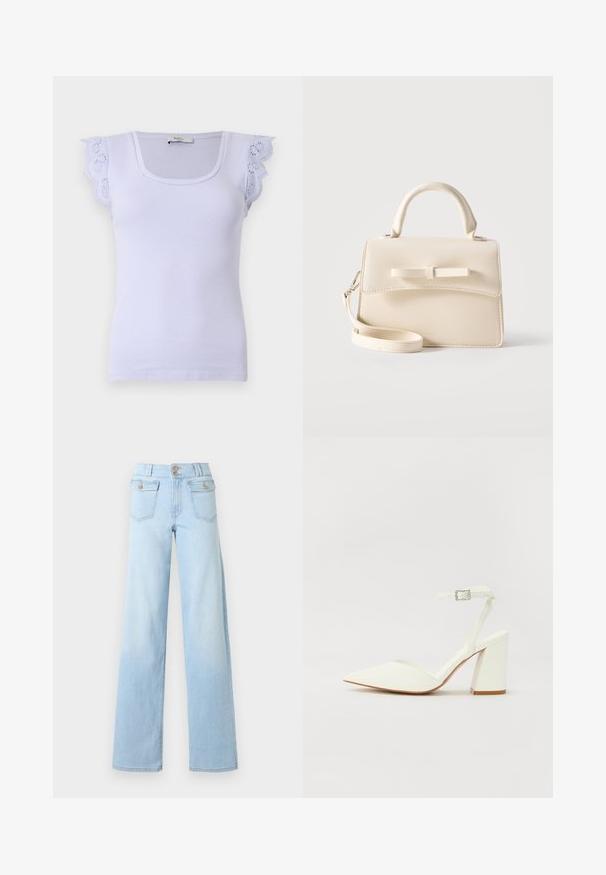 Haut sans manches blanc côtelé avec encolure carrée et détails en dentelle festonnée aux épaules sur un fond clair.; Jean large taille haute bleu clair avec poches à rabat à l'avant sécurisées par des boutons et fermeture à double bouton à la taille.; Sandale blanche à talon avec un bout pointu, sangle de cheville réglable et un talon carré épais. Texture lisse avec des détails de couture minimaux.; Petit sac à main beige avec poignée supérieure, bandoulière amovible, rabat avant et nœud horizontal décoratif sur un fond uni.