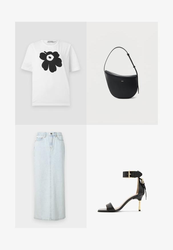 Witte katoenen T-shirt met een zwart bloemenpatroon, gekenmerkt door ronde bloembladen en een centrale stip, korte mouwen en een ronde halslijn.; Lichtblauwe denim maxi rok met een rechte snit, voorzijde met knopen en zichtbare stiksels. Bevat twee voorzakken.; Zwarte leren sandalen met hak en vierkante neus, enkelband met een gouden gesp en een slanke metalen hak. Soepele textuur, minimalistisch ontwerp.; Zwarte halfmaansvormige leren schoudertas met verstelbare riem en goudkleurig "BOSS"-logo middenvoor.