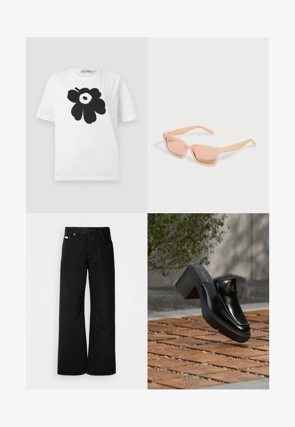 T-shirt en coton blanc avec un motif floral noir comprenant des pétales arrondis et un point central, manches courtes et col rond.; Jean large noir en coton. Présente des poches avant, une fermeture à bouton, et une texture denim classique. Design minimaliste sans motifs.; Mule slip-on en cuir noir Calvin Klein avec talon bloc reposant sur des carreaux en bois à l'extérieur près d'une plante verte et d'un mur gris.; Lunettes de soleil rectangulaires couleur pêche clair avec montures épaisses et verres teintés assortis sur un fond uni clair.