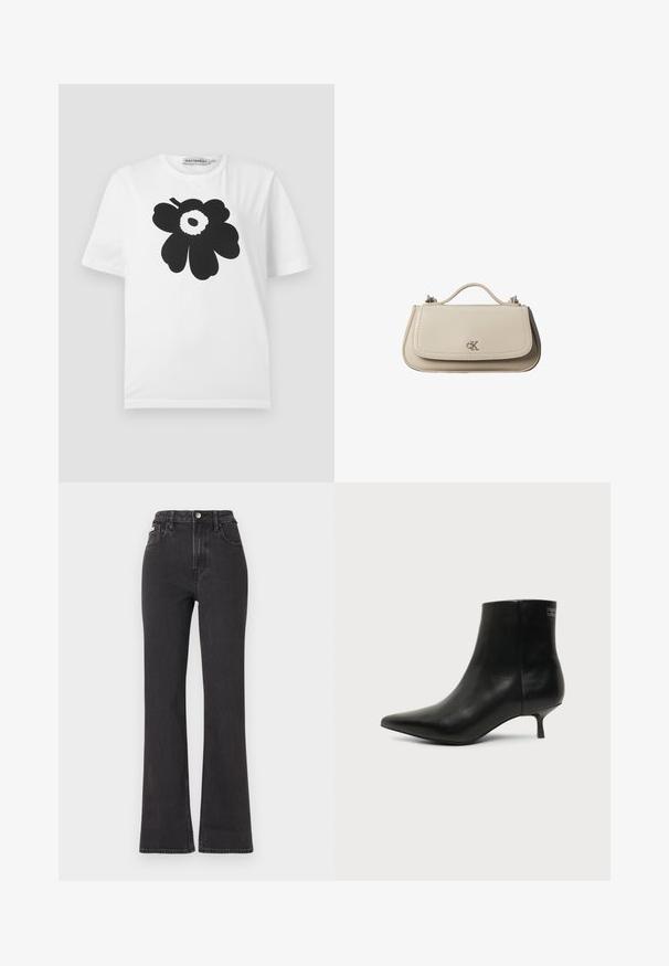T-shirt en coton blanc avec un motif floral noir comprenant des pétales arrondis et un point central, manches courtes et col rond.; Jean noir taille haute évasé en denim, avec fermeture à bouton, passants de ceinture et poches latérales. Texture lisse avec un minimum de décoloration.; Bottine en cuir noir avec bout pointu et petit talon kitten sur fond clair, vue côté extérieur.; Petit sac à main en cuir beige avec poignée supérieure et logo CK argenté sur le rabat avant, présenté sur fond blanc.