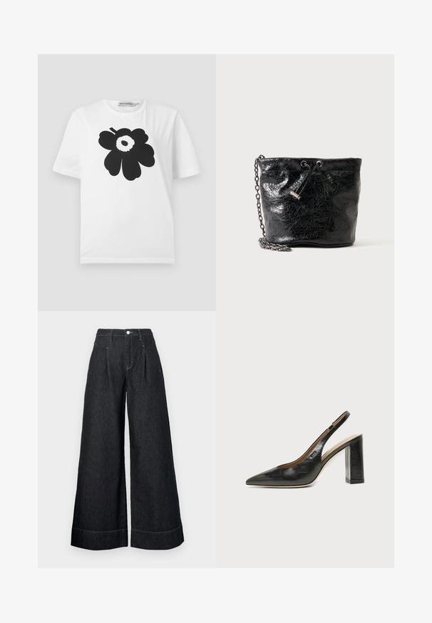 T-shirt en coton blanc avec un motif floral noir comprenant des pétales arrondis et un point central, manches courtes et col rond.; Pantalons en denim noirs à jambes larges avec une taille haute, dotés de plis frontaux, d'une fermeture à bouton et de surpiqûres contrastées aux ourlets.; Chaussure slingback en cuir noir à bout pointu avec un talon bloc haut et une doublure intérieure beige sur un fond clair uni.; Sac seau en cuir noir brillant avec fermeture à cordon et bandoulière chaîne métallique sur fond uni.