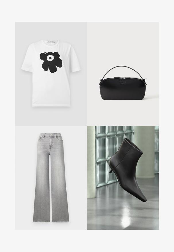 T-shirt en coton blanc avec un motif floral noir comprenant des pétales arrondis et un point central, manches courtes et col rond.; Jean en denim gris à jambes larges avec une finition délavée, poche avant et fermeture à bouton. Caractéristiques d'une coupe droite et d'un ourlet classique.; Bottine en cuir noir avec bout pointu et petit talon, présentée devant un mur en blocs de verre et un sol poli.; Petit sac bracelet en cuir noir avec fermeture éclair argentée et poignée courte, logo Emporio Armani Milano 1981 embossé sur le devant.