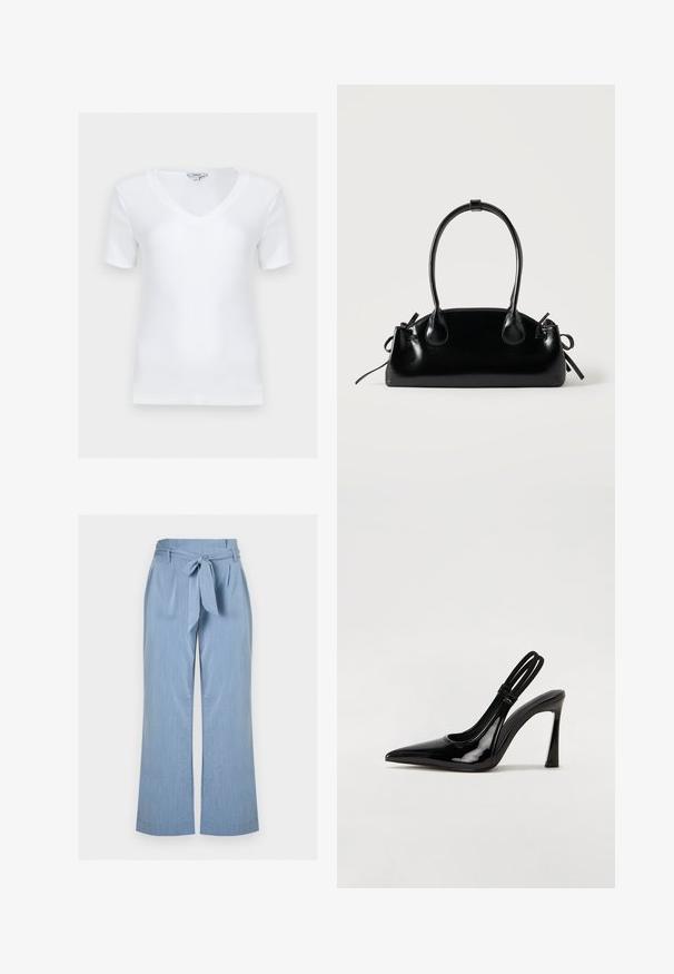 Haut blanc à manches courtes côtelé avec col en V et coupe ajustée, présenté à plat sur un fond clair.; Pantalon bleu clair à jambes larges, taille haute, ceinture en tissu nouée devant, avec une texture verticale subtile.; Escarpin en cuir verni noir à talon aiguille, à bout pointu, avec une sangle élastique double pour un maintien sécurisé. Surface lisse et brillante.; Petit sac à main noir brillant avec deux longues anses et des détails à cordon sur les côtés sur un fond clair uni.