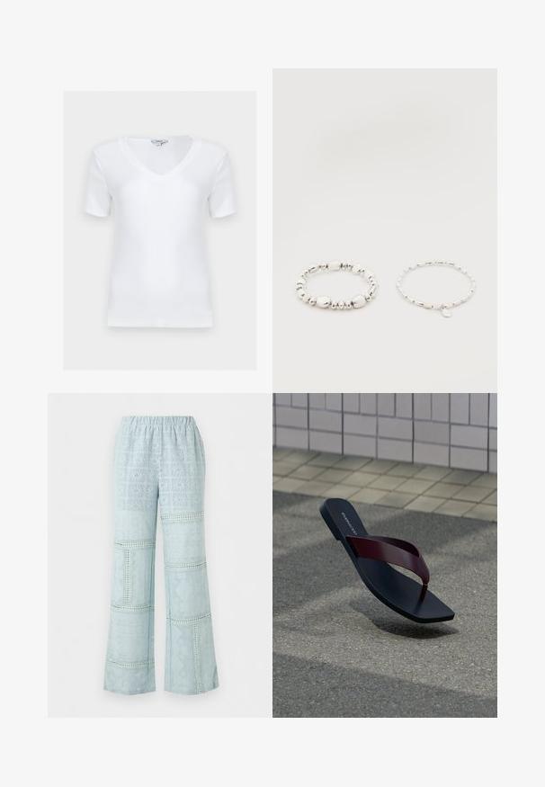 Haut blanc à manches courtes côtelé avec col en V et coupe ajustée, présenté à plat sur un fond clair.; Pantalon large bleu clair avec taille élastique et motif complexe en patchwork de dentelle sur toute la surface.; Tongs noires uniques avec une lanière rouge foncé, flottant au-dessus d'une surface d'asphalte grise et d'un trottoir carrelé beige en arrière-plan.; Deux bracelets de perles argentées sur fond blanc ; l'un avec des perles irrégulières et l'autre avec des perles uniformes et un petit charme en forme de goutte.