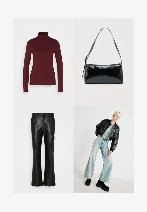 Pieces PCSIRENE ROLLNECK - Top s dlhým rukávom - tawny port; ONLY ONLMALFY BLAKE - Kapsáče - black; Čierna kožená bomber bunda, svetlozelený priliehavý top, svetlomodré široké džínsy a masívne čierne platformové čižmy. Hladké textúry a kontrastné farby.; Čierna obdĺžniková kabelka na rameno s jedným nastaviteľným remienkom a horným zipsom na jednofarebnom pozadí.