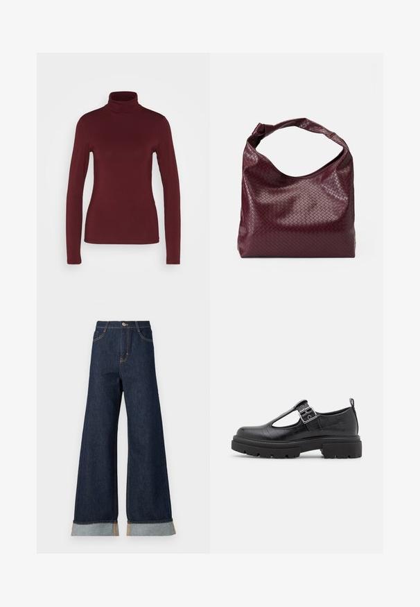 Pieces PCSIRENE ROLLNECK - Top s dlhým rukávom - tawny port; Džíny s širokými nohavicami z tmavého denimu s oranžovým prešívaním, s vysokým pásom, dvoma prednými vreckami a zrolovanými manžetami odhaľujúcimi svetlomodrú kontrastnú látku.; Čierna umelá kožená obuv s krokodílou textúrou, zaoblenou špičkou, členkovým remienkom s kovovou prackou a robustnou gumovou podrážkou.; Bordová taška s textúrou pleteného vzoru, z mäkkého koženého materiálu a s jedným uzlíkovým rúčkou. Priestranný dizajn v štýle hobo.