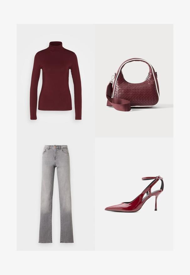 Pieces PCSIRENE ROLLNECK - Langærmet T-shirt - tawny port; Lysegrå jeans med lige ben, fem lommer, knaplukning og synlige syninger, vist mod en hvid baggrund.; Rød lakeret højhælet sko med spids tå, ankelrem og spænde, vist i profil mod hvid baggrund.; Mørkerød vævet lædertaske med buet hank, hvid kant, sølv lynlås og aftagelig bred stofskulderrem mod en ensfarvet baggrund.