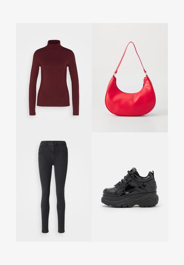 Pieces PCSIRENE ROLLNECK - Longsleeve - tawny port; Zwarte skinny jeans gemaakt van denim. Heeft een hoge taille, ritssluiting met knoop, en vijf zakken. Soepele textuur, zonder versieringen.; Zwarte platform sneakers met een glanzende lakafwerking, voorzien van dikke rubberen zolen, een vetersluiting en logodetail aan de zijkant.; Rode synthetische leren schoudertas met een gebogen vorm, slanke strap en een ritsluiting. Glad oppervlak met zichtbare stiksels.