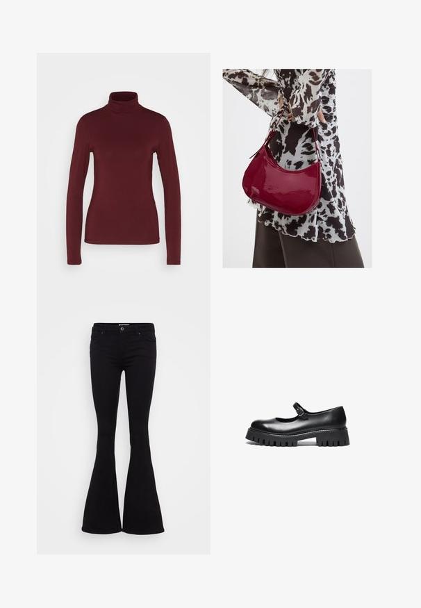 Pieces PCSIRENE ROLLNECK - Longsleeve - tawny port; Zwarte flared jeans van een gladde stof, met een middelhoge taille, voorzakken en een knoopsluiting. De zoom loopt aan de onderkant uit.; Zwarte leren Mary Jane-schoen met een ronde neus, enkelband en een chunky rubberen zool met geribbelde details.; Vrouw met een zwart-wit gebloemde blouse houdt een glanzende rode schoudertas vast tegen een effen achtergrond.