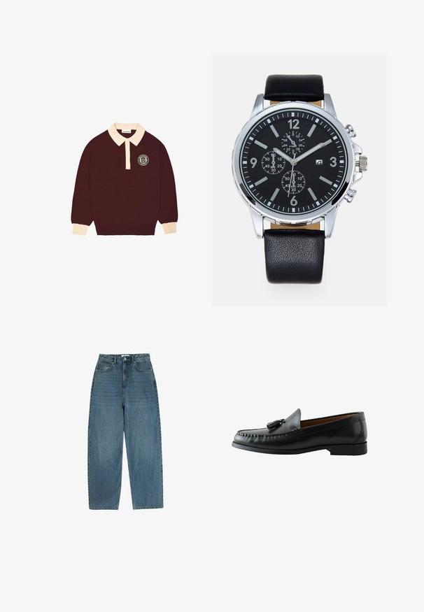 Bordeauxfarvet langærmet polo skjorte med cremefarvet krave og manchetter, knaplukning foran og cirkulært "Prohibited Berlin" logo på venstre bryst.; Lyseblå denimjeans med høj talje, lige ben og synlige syninger. Har fem lommer og knaplukning.; Sort læder loafersko med kvast og syningsdetalje samt lav hæl, sidevisning på hvid baggrund.; Sort læderrem ur med et sølv rustfrit stålurværk. Den sorte urskive har hvide timemarkører, sølvhænder og tre sub-dials.