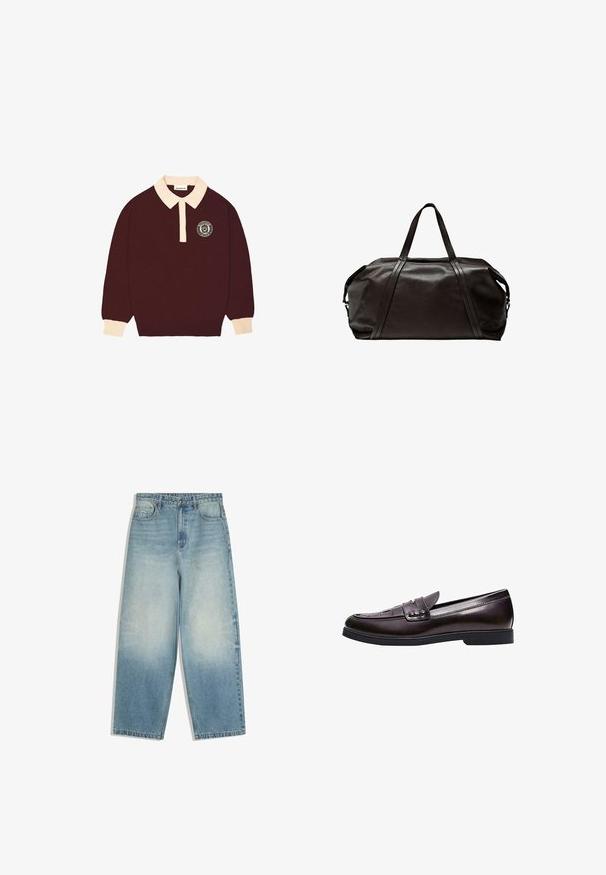 Bordeaux lange mouwen polo shirt met een crèmekleurige kraag en manchet, knoopsluiting en een cirkelvormig "Prohibited Berlin" logo op de linkerkant van de borst.; Lichtblauwe denim jeans met wijde pijpen, voorzakken, knoopsluiting en vervaagde wassing op dijen en knieën.; Donkerbruine leren loafer met een lage hak, gestikte details op de neus en een decoratieve band over het bovenwerk.; Donkerbruine leren duffeltas met twee hengsels en een gestructureerd oppervlak, afgebeeld tegen een witte achtergrond.