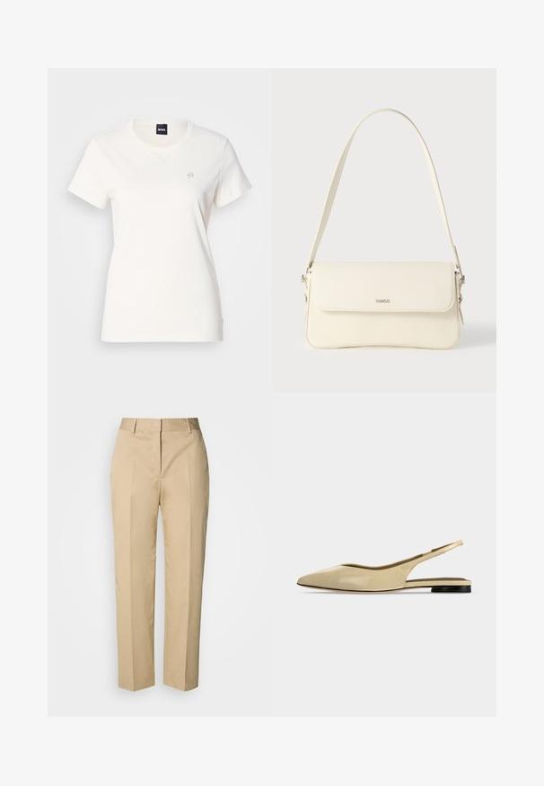 T-shirt en coton blanc avec un col rond et des manches courtes. Présente un petit logo brodé sur la poitrine. Texture lisse.; Pantalon beige à jambe droite avec passants pour ceinture, pli avant et fermeture dissimulée, présenté sur un fond clair.; Chaussure plate beige à bout pointu avec bride arrière, petit talon noir et finition en cuir lisse, vue de côté sur un fond uni.; Sac à bandoulière en cuir couleur crème avec fermeture à rabat, quincaillerie argentée, une bandoulière réglable et un logo discret.