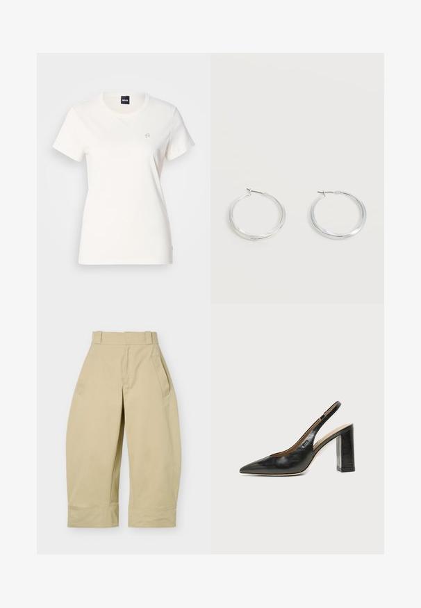 T-shirt en coton blanc avec un col rond et des manches courtes. Présente un petit logo brodé sur la poitrine. Texture lisse.; Pantalon beige taille haute, coupe large et courte, avec passants de ceinture, poches latérales et coutures apparentes aux ourlets.; Chaussure slingback en cuir noir à bout pointu avec un talon bloc haut et une doublure intérieure beige sur un fond clair uni.; Boucles d’oreilles créoles en métal argenté avec une surface lisse légèrement incurvée et des fermoirs à clapet sur un fond blanc uni.