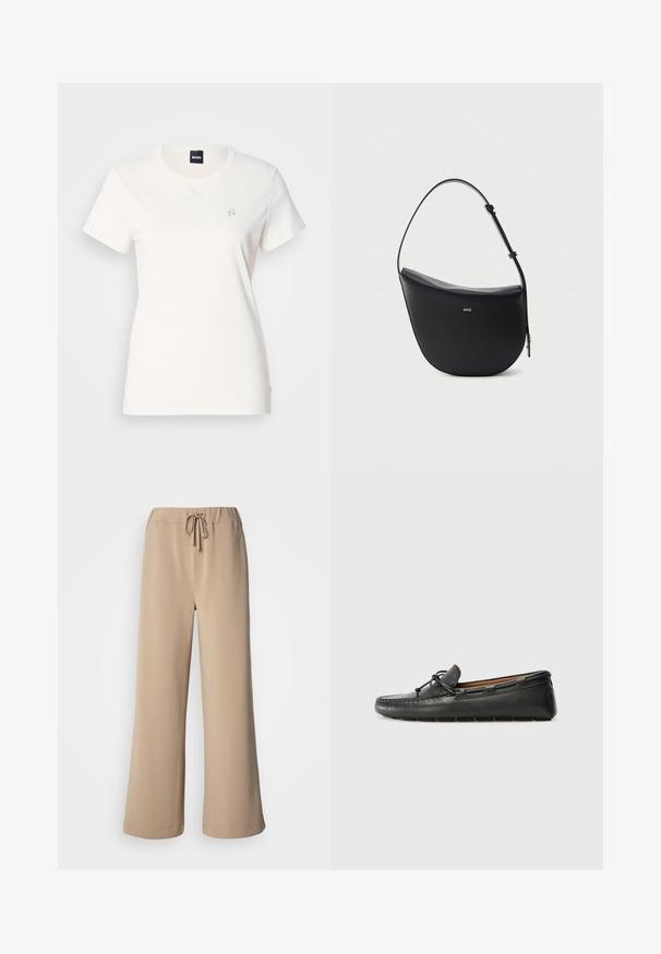 T-shirt en coton blanc avec un col rond et des manches courtes. Présente un petit logo brodé sur la poitrine. Texture lisse.; Pantalon beige à jambes larges avec une ceinture élastique et un cordon de serrage. Confectionné dans un tissu doux à la texture lisse, avec un ourlet surpiqué.; Bateau en cuir noir avec un bout arrondi, des détails de couture, un petit accent en nœud et une semelle en caoutchouc. Texture lisse et design épuré.; Sac à bandoulière en cuir noir en forme de demi-lune avec une bandoulière réglable et le logo doré « BOSS » centré sur le devant.