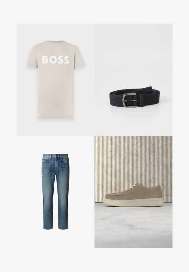 T-shirt en coton beige clair à manches courtes et col rond. Présente un lettrage blanc audacieux "BOSS" sur la poitrine. Texture lisse.; Jean en denim bleu clair avec une coupe droite. Détails effilochés et style classique à cinq poches. Taille mi-haute et ourlet fini.; Chaussure décontractée en daim gris clair avec semelle blanche et lacets, flottant au-dessus d'un tapis beige dans une pièce avec des meubles de couleur ambre.; Ceinture tissée bleu marine en matériau élastique avec une boucle en métal argenté et un accent en daim près de la boucle pour plus de détail.
