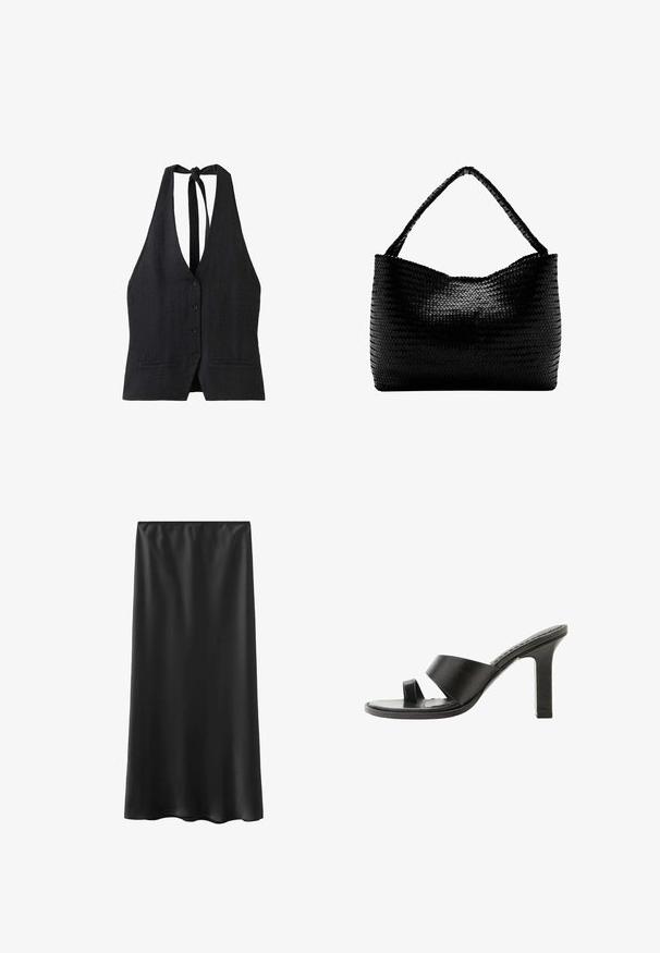 Haut noir sans manches à col halter, avec boutons sur le devant et deux petites poches devant, noué au cou avec un nœud.; Jupe noire longue jusqu'au sol, fabriquée en matière lisse et légère, avec une taille élastique et un design simple. Aucun motif ou accent visible.; Sandale noire à talon haut avec une large bride sur le pied et une boucle pour l’orteil, vue de côté sur fond blanc.; Sac à main tissé noir avec une anse unique tressée, forme rectangulaire et surface texturée brillante.