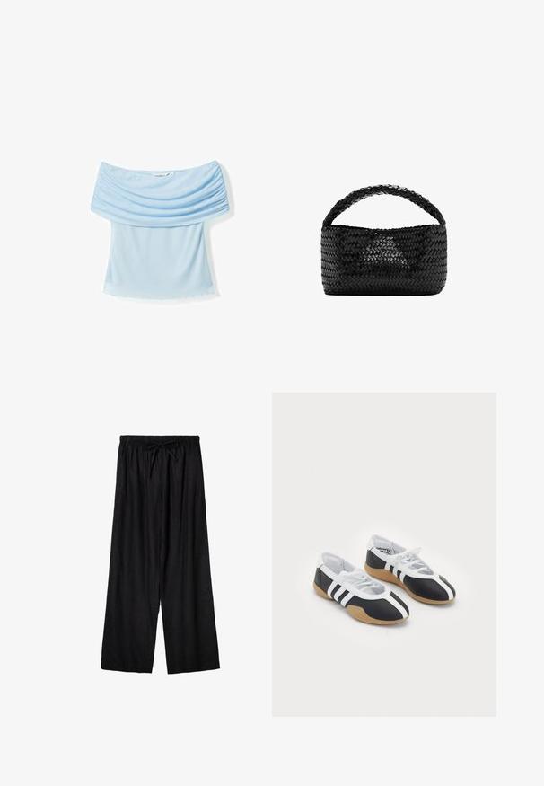 Haut bleu clair à épaules dénudées avec tissu froncé au niveau de l'encolure, coupe ajustée et texture douce et lisse. Ourlet sans couture.; Pantalon ample noir à taille élastique avec cordon de serrage devant, fabriqué en tissu léger.; Baskets de sport noir et blanc au design élégant, semelle en caoutchouc, fermeture à lacets et trois rayures blanches sur les côtés.; Sac à main en cuir tressé noir avec une anse courbée unique et une base rectangulaire sur fond blanc.