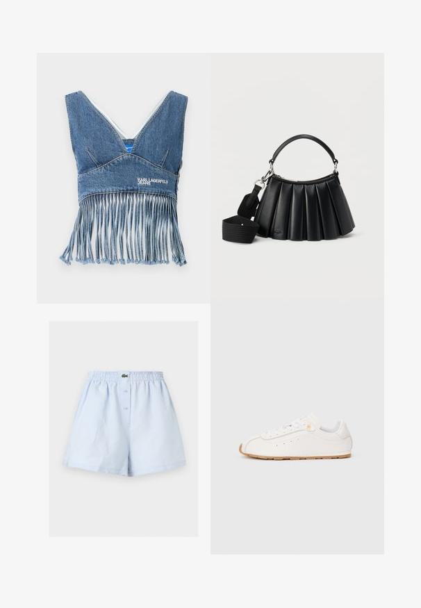 Denim-crop-topi, jossa on V-mallinen kaula-aukko, reunan fringeyksityiskohdat, sininen väri ja "KARL LAGERFELD JEANS" -logo etupuolella.; Vaaleansiniset miesten bokserit joissa joustava vyötärönauha, edessä nappikiinnitys ja pieni vihreä krokotiililogo keskellä.; Matala profiilinen valkoinen nahkakengät, joissa on valkoiset nauhat, pieni kultainen logo lähellä yläsilmäkkejä ja vaaleanruskea kumipohja.; Musta laskostettu nahkalaukku, jossa lyhyt kahva ja irrotettava leveä kangasolkaimen hihna valkoisella taustalla.