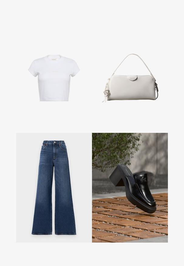 Hvid cropped t-shirt med korte ærmer og ribbet tekstur. Har en rund halsudskæring og en diskret "Calvin Klein"-logo i lys farve foran.; Højtaljede, brede bukser lavet af mørkeblå denim, med knaplukning, fem lommer og subtil falming på lårene.; Sort læder Calvin Klein slip-on mule med blokhæl, der hviler på trætøj udendørs nær en grøn plante og en grå væg.; Hvid rektangulær Calvin Klein håndtaske med enkelt håndtag, minimalistisk design og dekorative kvaster med geometrisk metalvedhæng på siden.