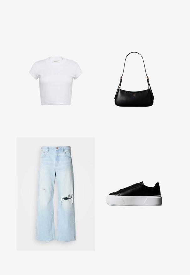 Valge lühikese varrukaga lühike t-särk soonilise tekstuuriga. Omadusteks on ümara kaelusega ja esiküljel hele "Calvin Klein" logo.; Heledad sinised laiad teksad on valmistatud denimist, kõrge talje, suurte rebenemistega põlvedes ja klassikalise viie taskuga disainiga, millel on vaskdetailid.; Must madal tennisking paksu valge platvormpõhjaga ja mustade paeltega, külgvaade valgel taustal.; Mustast nahast väike õlakott õhukese rihmaga ja väikese kuldse CK logoga esikülje keskel.