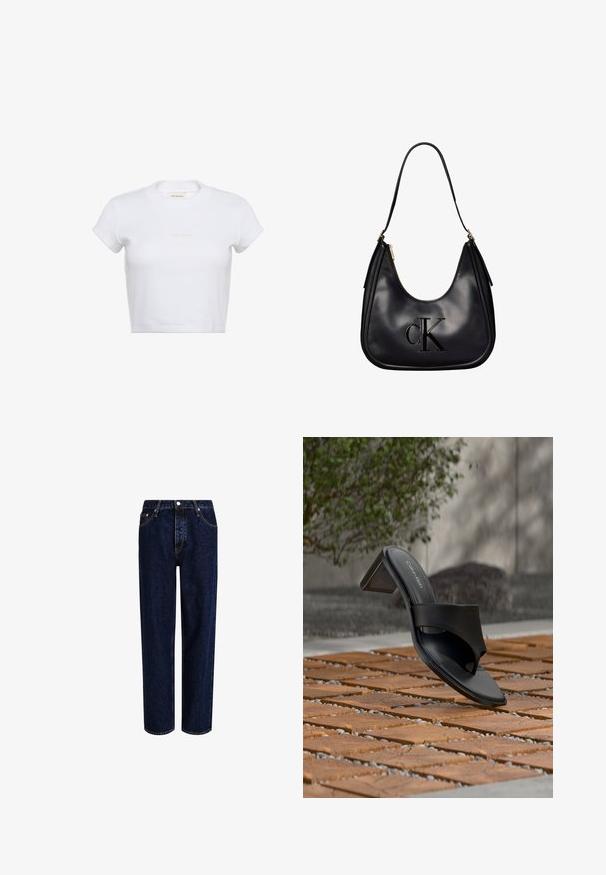 Hvid cropped t-shirt med korte ærmer og ribbet tekstur. Har en rund halsudskæring og en diskret "Calvin Klein"-logo i lys farve foran.; Mørkeblå denim jeans med lige ben-design, der har høj talje, fem-lomme-stil og kontrastsyninger. Ingen dekorationer.; Sort Calvin Klein hælet sandal med tå-loop på trægulv udendørs nær et træ og en stenmur.; Sort skuldertaske i læder med gulddetaljer, med et fremhævet "cK"-logo foran og en enkelt rem til at bære den.