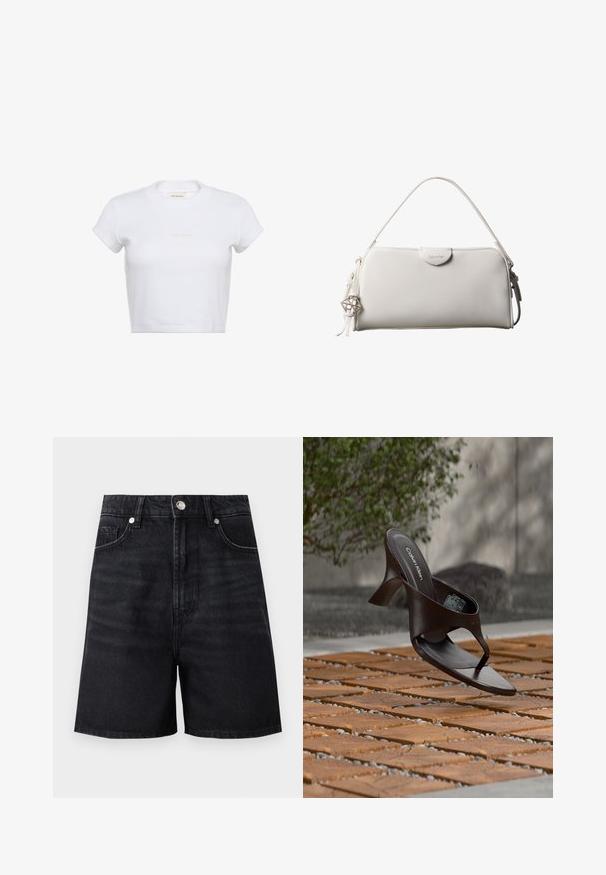 Hvid cropped t-shirt med korte ærmer og ribbet tekstur. Har en rund halsudskæring og en diskret "Calvin Klein"-logo i lys farve foran.; Sorte denimshorts med høj talje, frontlommer og metalknaplukning. Glat tekstur med subtile falmning detaljer.; Brun Calvin Klein hælet thong sandal svævende over træflise og grus udendørs med sløret grønt og stenmur i baggrunden.; Hvid rektangulær Calvin Klein håndtaske med enkelt håndtag, minimalistisk design og dekorative kvaster med geometrisk metalvedhæng på siden.