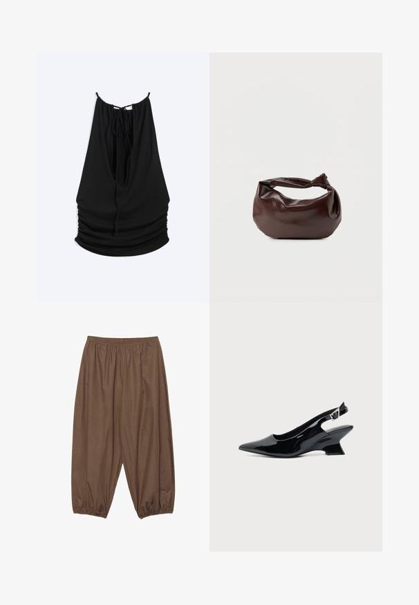 Haut noir sans manches avec tissu froncé, dos profond en forme de V et fines bretelles nouées dans le haut du dos.; Pantalon marron ample avec taille élastique et poignets élastiques froncés, confectionné dans un tissu léger.; Chaussure slingback en cuir verni noir avec bout pointu et petit talon bloc incliné sur fond clair uni.; Sac bandoulière en cuir marron foncé avec une forme souple et décontractée et une anse nouée torsadée sur un fond blanc uni.