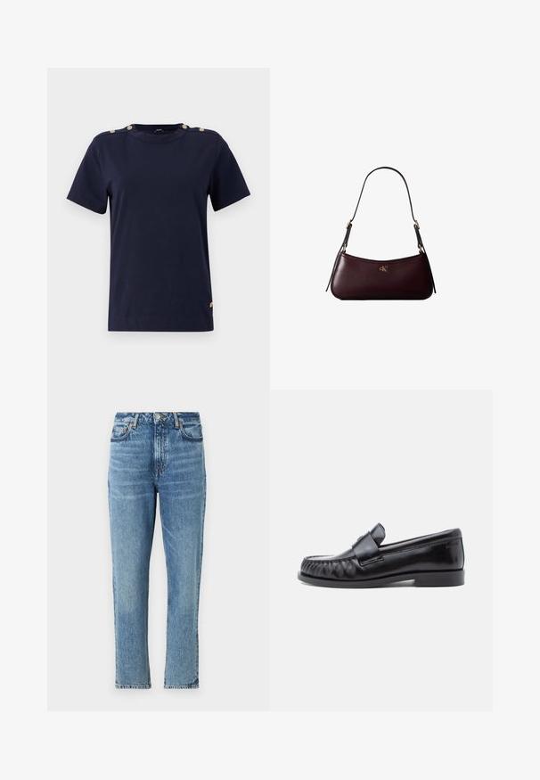 Dunkelblaue Baumwoll-T-Shirt mit kurzen Ärmeln, Rundhalsausschnitt und goldfarbenen Knopfdetails an den Schultern. Glatte Textur, normale Passform und ohne Muster.; Hellblaue Denim-Jeans mit hoher Taille, geradem Bein Design und verblasster Textur. Mit silbernem Hardware und kontrastierenden Nähten.; Schwarze Leder-Loafer mit abgerundetem Zehenbereich, markanter Naht und einem dekorativen Riemen über dem Vorderblatt. Glatte Oberfläche und niedriger Absatz.; Dunkelburgunderfarbene Lederhandtasche mit schmalem schwarzem Schulterriemen und kleinem goldenem "cK" Logo vorne in der Mitte.