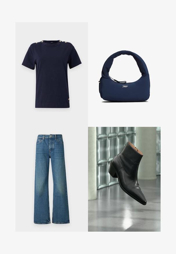 Navyblauwe katoenen T-shirt met korte mouwen, ronde hals en gouden knopenaccenten op de schouders. Zachte textuur, normale pasvorm en geen patronen.; Brede blauwe denim jeans met een vervaagde was, vijf-pocket ontwerp en een standaard knoop- en ritsluiting. Duurzaam katoenmateriaal.; Zwarte leren enkellaars met een spitse neus en blokhak die zweeft boven een reflecterende grijze vloer nabij een glazen blokmuur.; Donkerblauwe gewatteerde schoudertas met gebogen handvat en een voorvak met ritssluiting, voorzien van wit "tommy jeans"-logo in het midden aan de voorkant.