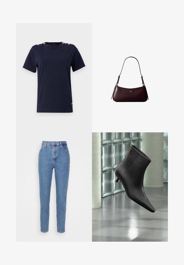 Navyblauwe katoenen T-shirt met korte mouwen, ronde hals en gouden knopenaccenten op de schouders. Zachte textuur, normale pasvorm en geen patronen.; Blauwe high-waisted straight-leg jeans met een knoop en rits aan de voorkant, riemlussen en zakken, weergegeven op een effen witte achtergrond.; Zwarte leren enkellaars met puntige neus en lage hak, afgebeeld tegen een glazen blokkenmuur en gepolijste vloer op de achtergrond.; Donker bordeauxkleurige leren handtas met een smalle zwarte schouderband en klein gouden "cK" logo aan de voorkant in het midden.