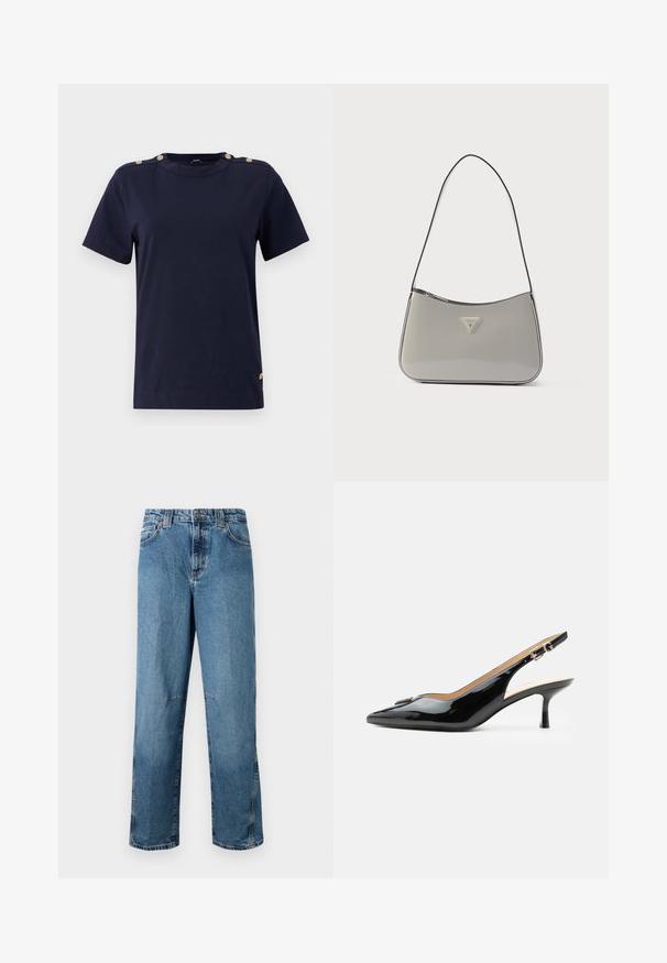 Dunkelblaue Baumwoll-T-Shirt mit kurzen Ärmeln, Rundhalsausschnitt und goldfarbenen Knopfdetails an den Schultern. Glatte Textur, normale Passform und ohne Muster.; Hellblaue Jeans aus Denim mit geradem Schnitt, ausgestattet mit gestickten Taschen, einem Knopfverschluss vorne und minimaler Ausbleichung des Materials.; Schwarzer Pumps mit Riemchen aus Lackleder, spitz zulaufender Zehenpartie, kleinem Kitten-Heel und silberner Schnalle auf weißem Hintergrund.; Graue Schultertasche aus Lackleder mit geschwungenem Design, schwarzem Besatz und silberner Logoplakette vorne. Verstellbarer Riemen für vielseitiges Tragen.