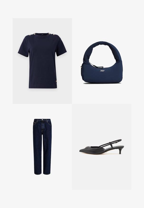Dunkelblaue Baumwoll-T-Shirt mit kurzen Ärmeln, Rundhalsausschnitt und goldfarbenen Knopfdetails an den Schultern. Glatte Textur, normale Passform und ohne Muster.; Dunkelblaue Denim-Jeans mit geradem Bein, hoher Taille, fünf Taschen und kontrastierenden Nähten. Ohne Verzierungen.; Schwarze Slingback-Schuhe mit einer spitzen Zehe, aus glattem Material gefertigt, mit einem kleinen Absatz und einem dekorativen silbernen Akzent auf dem Blatt.; Marineblaue, wattierte Schultertasche mit gebogenem Griff und einer vorderen Reißverschlusstasche, mit weißem "tommy jeans"-Logo in der vorderen Mitte.