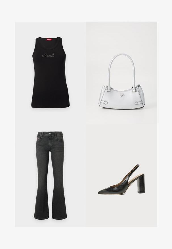 Débardeur noir sans manches avec logo "Diesel" en strass sur la poitrine et étiquette de marque rouge à l'intérieur de l'encolure.; Jean en denim noir à coupe évasée, avec une taille mi-haute, un design à cinq poches et des détails de couture sur les poches. Texture lisse avec un léger éclat.; Chaussure slingback en cuir noir à bout pointu avec un talon bloc haut et une doublure intérieure beige sur un fond clair uni.; Sac à main argenté avec un design structuré, doté de deux poignées, d'une texture brillante, de quincaillerie accentuée et d'un logo triangulaire sur le devant.