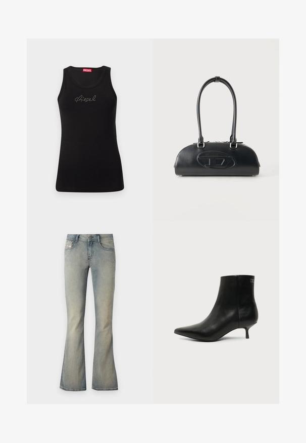 Débardeur noir sans manches avec logo "Diesel" en strass sur la poitrine et étiquette de marque rouge à l'intérieur de l'encolure.; Jean flare en denim bleu clair avec taille mi-haute, décoloration subtile et design classique à cinq poches. Comprend une fermeture à bouton à l'avant.; Bottine en cuir noir avec bout pointu et petit talon kitten sur fond clair, vue côté extérieur.; Sac à main en cuir noir avec longues poignées doubles et logo ovale embossé sur le devant, présenté sur un fond clair uni.