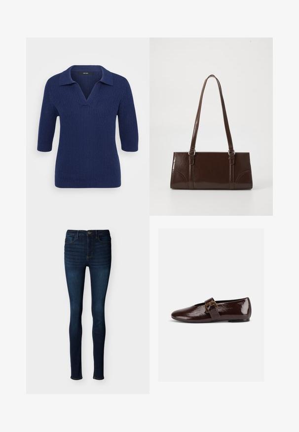 Pull en maille bleu marine avec un col en V et des manches courtes, présentant un col contrasté et un motif en relief texturé sur l'ensemble.; Jean skinny bleu foncé avec bouton et fermeture éclair à l'avant, design à cinq poches, et coutures visibles sur un fond blanc uni.; Chaussure plate en cuir verni marron foncé avec une large bride à boucle dorée et un bout arrondi, présentée de profil sur fond blanc.; Sac à main en cuir verni marron de forme rectangulaire, avec deux longues poignées et des accents courbés subtils à l'avant.