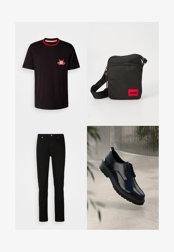 Schwarzes Baumwoll-T-Shirt mit einem rundem, rot-weißen Rippkragen. Es hat ein rot-weiß gesticktes Logo auf der linken Brust.; Schwarze Jeans mit geradem Bein, vorne mit Knopf- und Reißverschluss, Vorder- und Gesäßtaschen, dargestellt vor einem schlichten hellen Hintergrund.; Schwarzer Lederschuh mit glänzender Oberfläche, runder Spitze, Schnürdesign, kontrastierenden Nähten und einer dicken Gummisohle mit Profilmuster.; Schwarze Nylon-Crossbody-Tasche mit einem roten rechteckigen Logo-Patch, Reißverschlussfächern, verstellbarem Schultergurt und strukturiertem Material.
