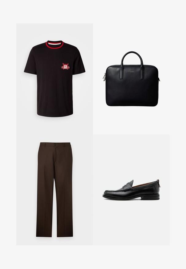 Schwarzes Baumwoll-T-Shirt mit einem rundem, rot-weißen Rippkragen. Es hat ein rot-weiß gesticktes Logo auf der linken Brust.; Braune, maßgeschneiderte Hosen im gerade geschnittenen Design, mit Knopfverschluss und glatter Stofftextur. Keine sichtbaren Muster oder Akzente.; Schwarzer Leder-Herrenschuh mit Mokassinnaht, Penny-Riemen, strukturiertem Kragen und niedrigem gestapeltem Absatz auf weißem Hintergrund.; Schwarze Lederaktentasche mit zwei Griffen, rechteckiger Form und silbernen Reißverschlusszippern, mit einem kleinen eingeprägten Logo in der Mitte.