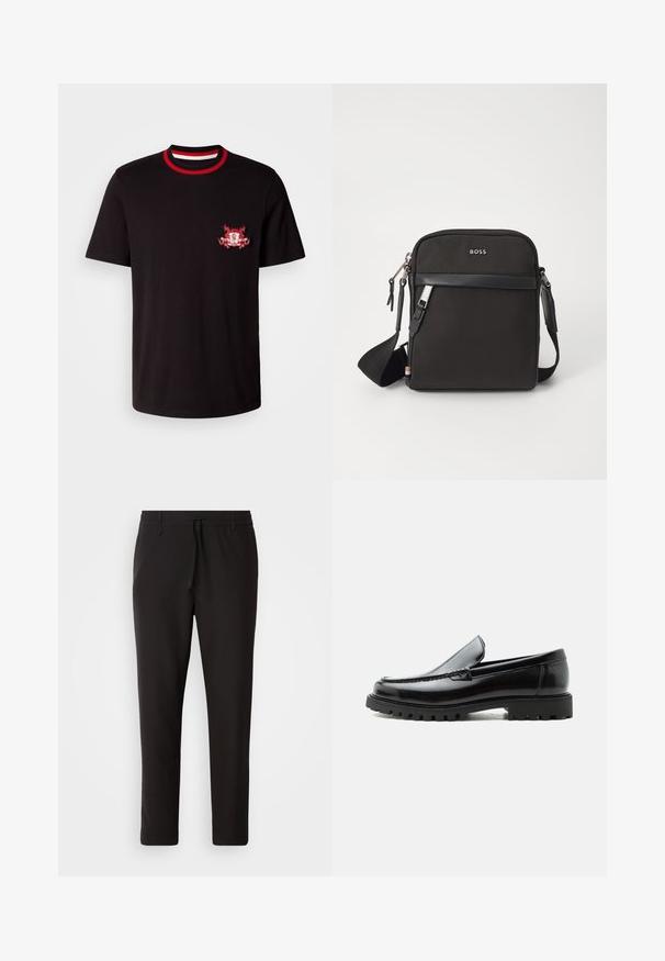 Sort bomulds T-shirt med en rund rød og hvid ribbet krave. Den har et rødt og hvidt broderet logo på venstre bryst.; Sorte joggebukser lavet af glat stof. Har en elastisk talje med snor, tætsiddende ben og ingen synlige lommer. Enkel design.; Sort læderloafer med chunky gummisål, syet overdel og præget mærkenavn på hælen, vist i sideprofil på hvid baggrund.; Sort crossbody taske med et struktureret stof, logo på fronten, lynlås lukning og justerbar rem. Har en glat læderkant.