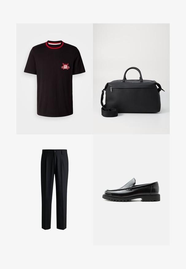 Camiseta de algodón negra con un cuello redondo acanalado en rojo y blanco. Tiene un logotipo bordado en rojo y blanco en el lado izquierdo del pecho.; Pantalones negros de tela suave, con un diseño de pierna recta, pliegues en la parte delantera y cierre de botón con trabillas para cinturón.; Mocasín de cuero negro con suela de goma gruesa, empeine cosido y nombre de la marca en relieve en el talón, mostrado en perfil lateral sobre fondo blanco.; Bolsa de viaje de cuero negro con dos asas superiores, una correa de hombro desmontable y un bolsillo frontal con cremallera para almacenamiento adicional.