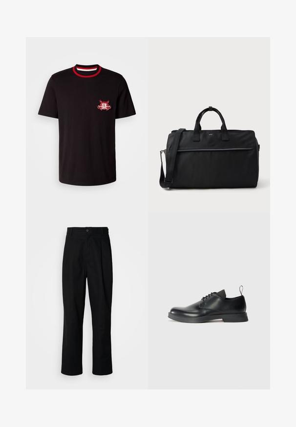 Camiseta de algodón negra con un cuello redondo acanalado en rojo y blanco. Tiene un logotipo bordado en rojo y blanco en el lado izquierdo del pecho.; Pantalones rectos negros con cintura con botones, trabillas para cinturón y pliegue frontal, exhibidos sobre un fondo blanco liso.; Zapato de cuero negro con cordones, acabado suave, punta redonda y un diseño minimalista. Presenta una tira de agarre sutil en contraste y suela de goma.; Bolsa de viaje rectangular negra con asas dobles, correa de hombro ajustable, bolsillo delantero con cremallera y pequeño logo "BOSS" en la parte frontal.